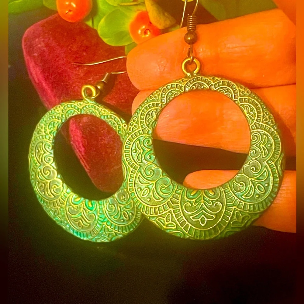 Antique Brass Boho Drop Earrings with Embossed Mandala Design in Green Patina - Picture 11 of 12